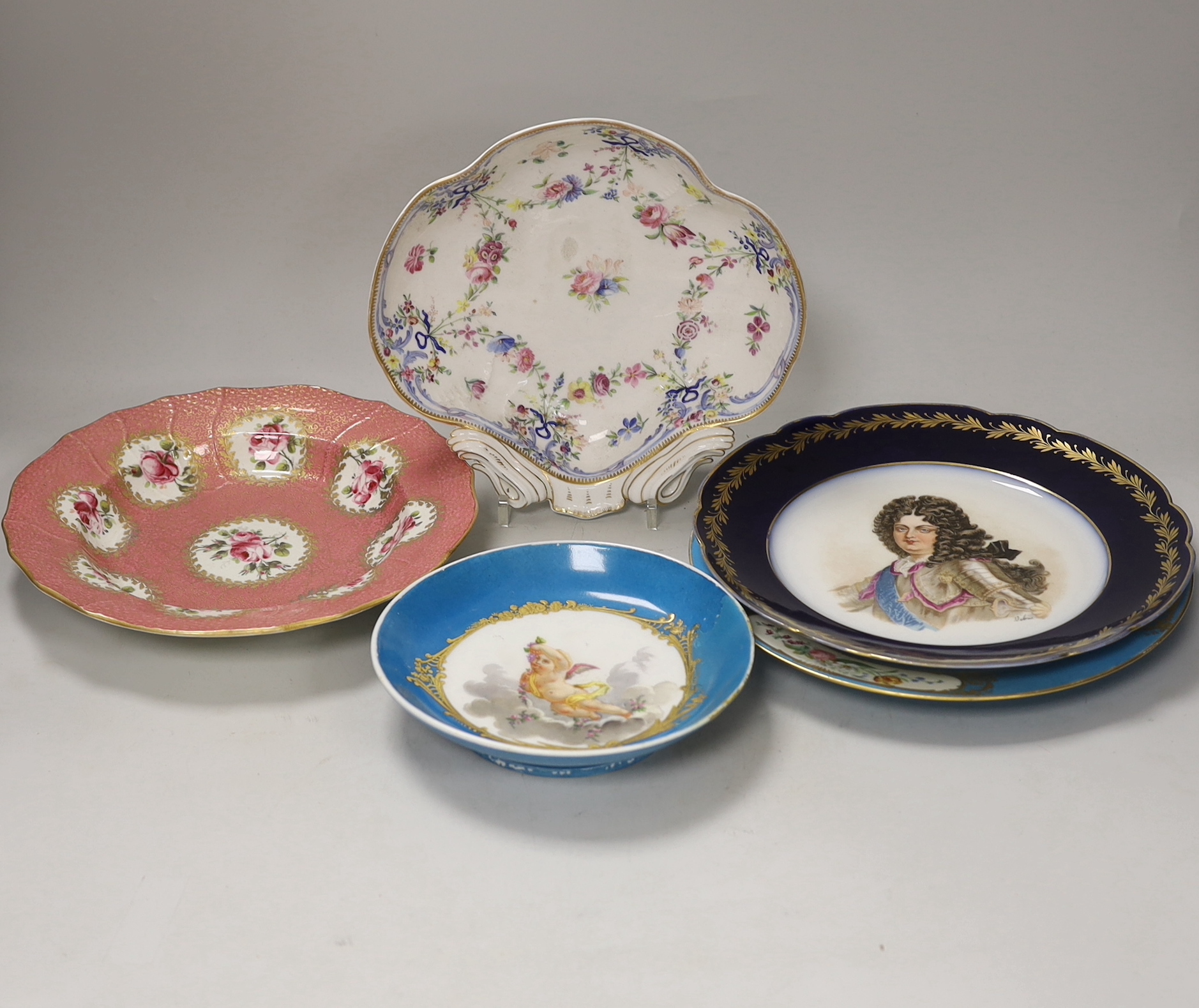 Five 19th century Sevres style porcelain plates or dishes, largest 24cm